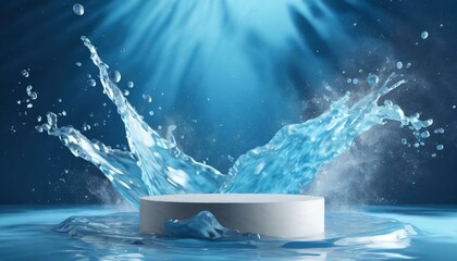 3d cosmetic background. podium with abstract water splash blue background for banner, product or cosmetics presentation