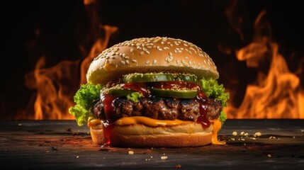 Spicy Hamburger look like on fire because of the spicy vibe on the wooden table and black background. Generative AI