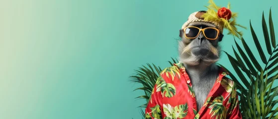 Keuken spatwand met foto Stylish monkey in a cool pose wearing a colorful tropical Hawaiian shirt and sunglasses shades isolated on a solid green exotic vivid background. Animal vacation concept banner with empty copy space © Patrycja