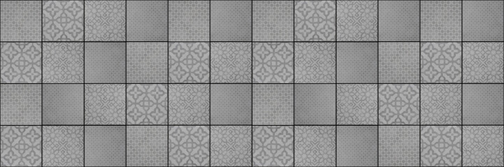 Gray grey stone concrete cement tile texture with square cubes mosaic tiles background panorama banner long, seamless pattern