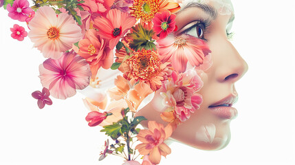 Beautiful double exposure effect collage women and floral in face vector illustration