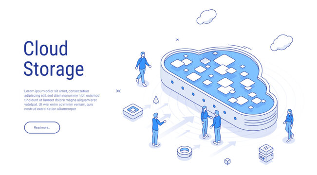 Cloud storage for download, upload information. Data in database on cloud services. Digital service or application with data transmission. Network computing technologies. Futuristic 3d Server.