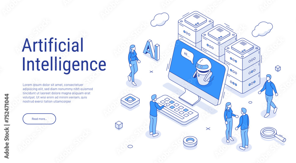 Poster artificial intelligence on the screen. isometric illustration in outline style. chatbot or ai to hel