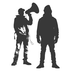 Silhouette demonstrators holding loudspeaker alone black color only