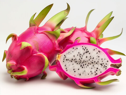 Image of white dragon fruit, both halved and whole, on a white background.