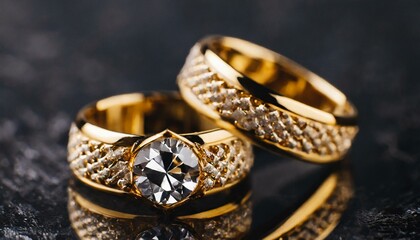  Beautiful gold two rings with a large diamond isolated on dark background, close up view 