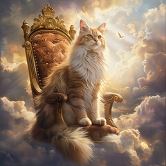 katze, sitzend, auf Thron, im Himmel, Hintergrund Wolken, Sonne, kleiner Vogel, cat, sitting, on throne, in the sky, background clouds, sun, little bird, - obrazy, fototapety, plakaty