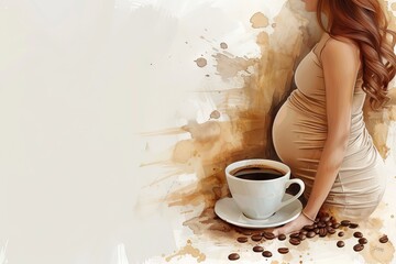 Pregnant girl with a cup of coffee. Concept: harmful caffeine products for women expecting a baby