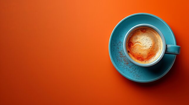 Turquoise cup with cappuccino on a saucer. Top view, coffee drink with milk and foam, orange plain background. Concept: hot drinks for tomorrow, caffeine-free. banner with copy space