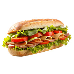 Ciabatta sandwich with lettuce, tomatoes prosciutto and cheese isolated on Transparent background.