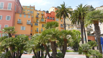 Palmiers devant des façades d’immeubles colorées sur une place de la vieille ville de Menton, sur la Côte d'azur / French Riviera, dans les Alpes-Maritimes (France)