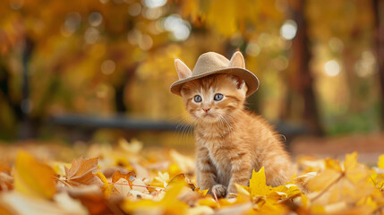 A cute little kitten is wearing a hat posing