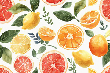 Watercolor fresh natural fruits healthy food seamless pattern vector illustration - obrazy, fototapety, plakaty