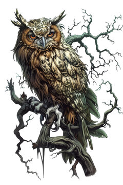 a wise elder owl archdruid isolated on a transparent background, generative ai