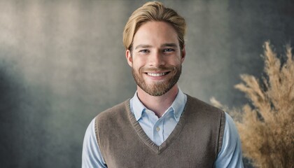 a smiling person with a beard, wearing a collared shirt under a v-neck sweater, against a neutral gray background - obrazy, fototapety, plakaty