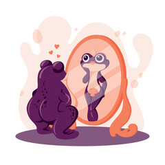 A frog showing off in front of the mirror and imagining itself to be slim. Comic vector illustration on the theme of ideals of beauty and self-acceptance.