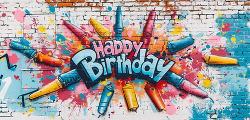 "Happy Birthday" in graffiti art surrounded by a burst of colorful party poppers on a brick wall background
