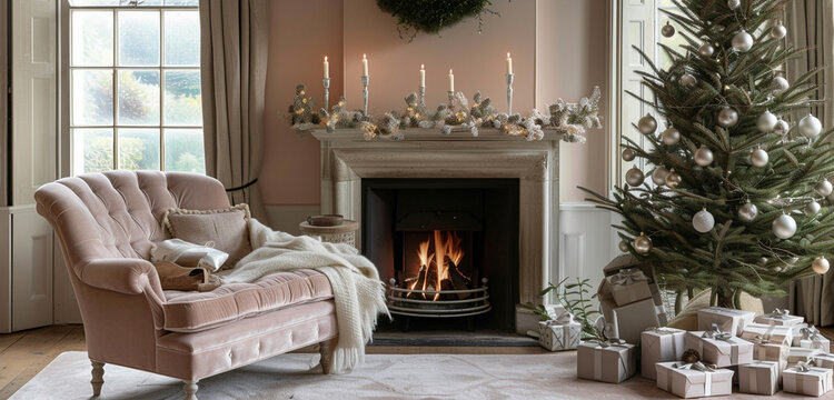 A dreamy Christmas space with a light peach fireplace, a soft beige armchair, and a tree with delicate silver gifts