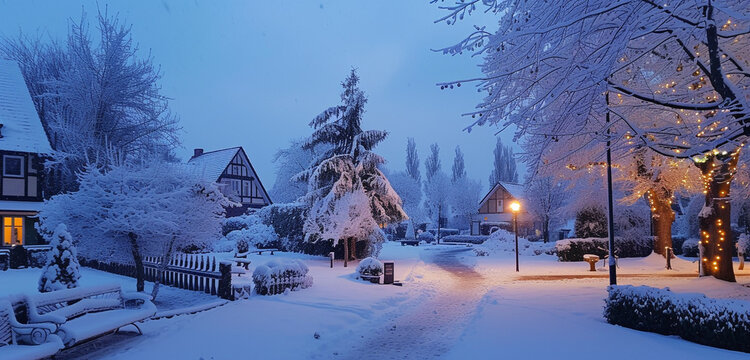 A festive evening with thick snowfall under an ice blue sky, transforming the landscape into a winter paradise