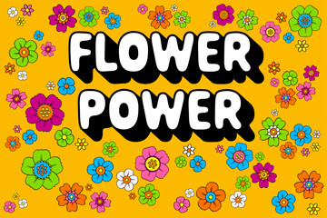 Flower power lettering with block shadow, and numerous colorful hippie flowers, on orange background. Slogan that was used in the 60s and 70s as a symbol of passive resistance and nonviolent ideology. - obrazy, fototapety, plakaty