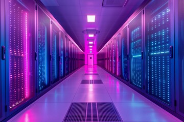 Data Center Corridor with Vibrant LED Lights