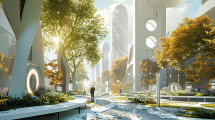 Sunlit Autumnal Public Square in a Futuristic City with Innovative Architecture, Serene Urban Park with Modern Design and Nature Integration. - obrazy, fototapety, plakaty