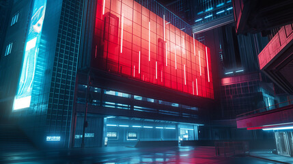 Nocturnal Sci-Fi City Scene with Dynamic Red Neon Light Installation on Building Facade, Cyberpunk Influence in Contemporary Urban Nightlife Design.