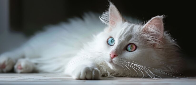 Graceful white cat with mesmerizing blue eyes reclining comfortably on the floor
