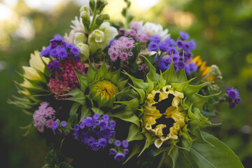 A close-up of a fresh flower bouquet in a garden with an opening sunflower featured in the foreground 