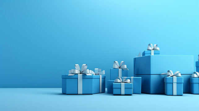 Blue background. Xmas dark blue teal gift box and gold ribbon bow from above for text Merry Christmas, Happy New Year and Black Friday season. Horizontal banner, header for website vector illustration