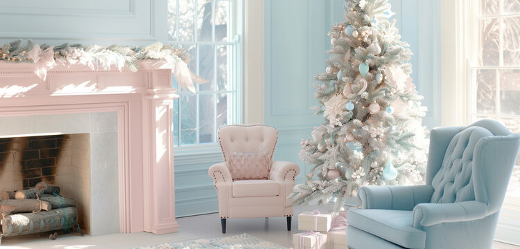 A pastel-themed Christmas room with a soft pink fireplace, a sky-blue armchair, and a white Christmas tree adorned with light-colored gifts