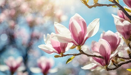  Blooming magnolia tree in the spring sun rays. Selective focus. Copy space. Easter, blossom spring, sunny woman day concept. Pink purple magnolia flowers in blue summer sky