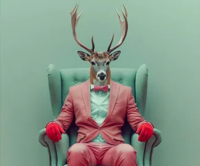 Zelfklevend Fotobehang Urban half man, half deer, reindeer hipster in trendy pastel suit with on pastel blue background. Fashionably, elegant minimal illustration. © Pastel King