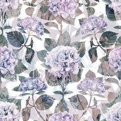 Vintage floral pattern romantic hydrangea flowers watercolor seamless repeating abstract background, hortensia in retro old grunge blue violet purple colors