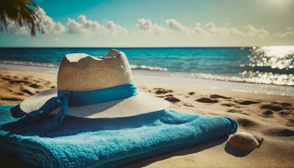 Obraz na płótnie Canvas blue towel with hat and summer beach 