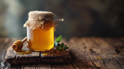 Honey in a glass jar with honey dipper on rustic wooden table background. Copy space.  - obrazy, fototapety, plakaty