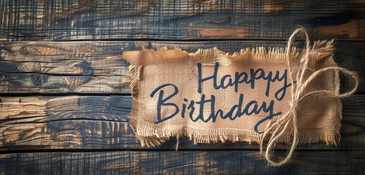 A photo text of "Happy Birthday" in handwritten script on a rustic wooden background