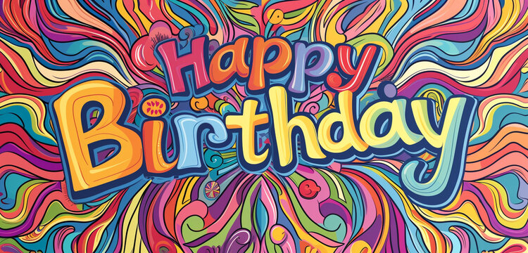 A photo text of "Happy Birthday" in retro 70s style font on a psychedelic swirl background