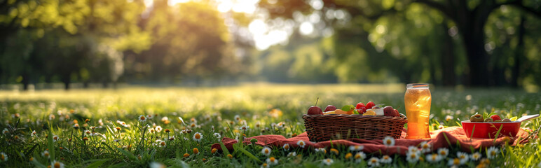 a basket of fruit on a blanket in grass