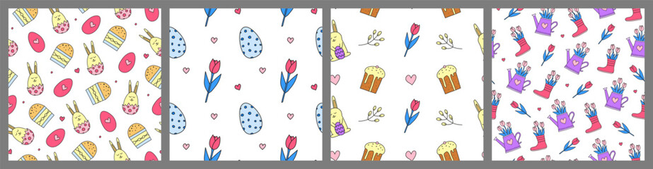 Set of seamless patterns with doodle Easter icons.