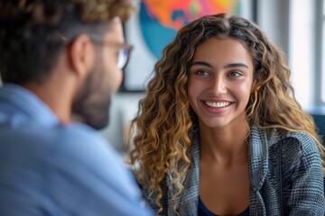 Obraz premium Joyful young woman engaging in conversation, radiant smile displaying confidence, person blurred in foreground. Exuberant female laughing in discussion, her curly hair and vibrant demeanor illustrate