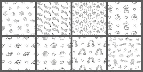 Set of seamless patterns with doodle groovy icons.