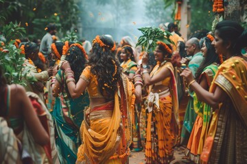 Cultural festival in India, people dressed in colorful attire, Women in vivid traditional attire celebrate, marigolds adorning hair, creating festival of colors. cultural tapestry alive with tradition - obrazy, fototapety, plakaty