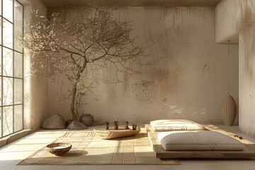 Sparse Japanese living room, wabi-sabi aesthetics, Sunlight spills into a serene, minimalist...