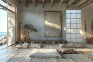 Sparse Japanese living room, wabi-sabi aesthetics, Sunlight spills into a serene, minimalist bedroom with rustic walls, showcasing a natural vibe with its earthy textures and a tranquil ambiance.
