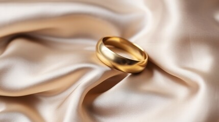 Wedding golden ring on white satin background, Macro. Marriage concept. Perfect for jewelry store advertisements or engagement-related content with Copy Space.