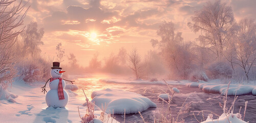 Panoramic snowy scenery with a delightful snowman standing near icy streams under a blush pink sky, copy space available