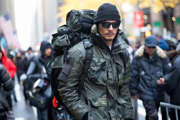 Fototapeta premium Man in camouflage gear carries hefty backpack through bustling city street, alert in winter ambience. Urban traveler navigates through crowded cityscape, clad in military-inspired attire and prepared