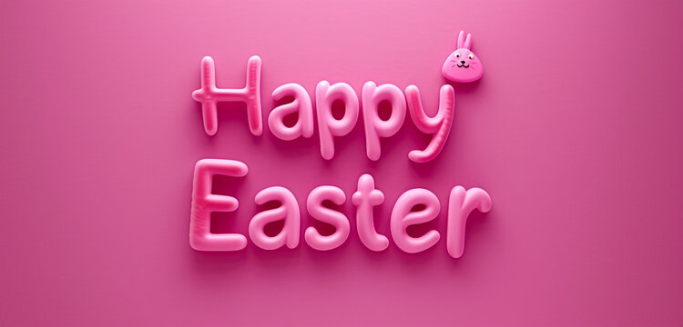 A photo text of the word "Happy Easter" on a solid magenta background