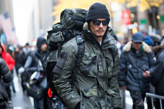 Man in camouflage gear carries hefty backpack through bustling city street, alert in winter ambience. Urban traveler navigates through crowded cityscape, clad in military-inspired attire and prepared